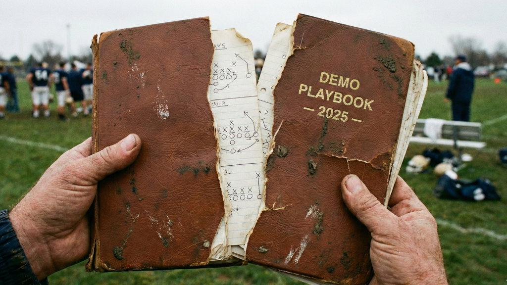 Photo of a coach's hands holding a dirty, old football playbook that has been broken in half