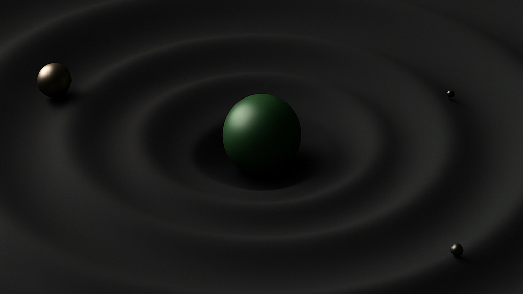 Tiny abstract planets, or marbles, depicted surrounding a large object in the center.