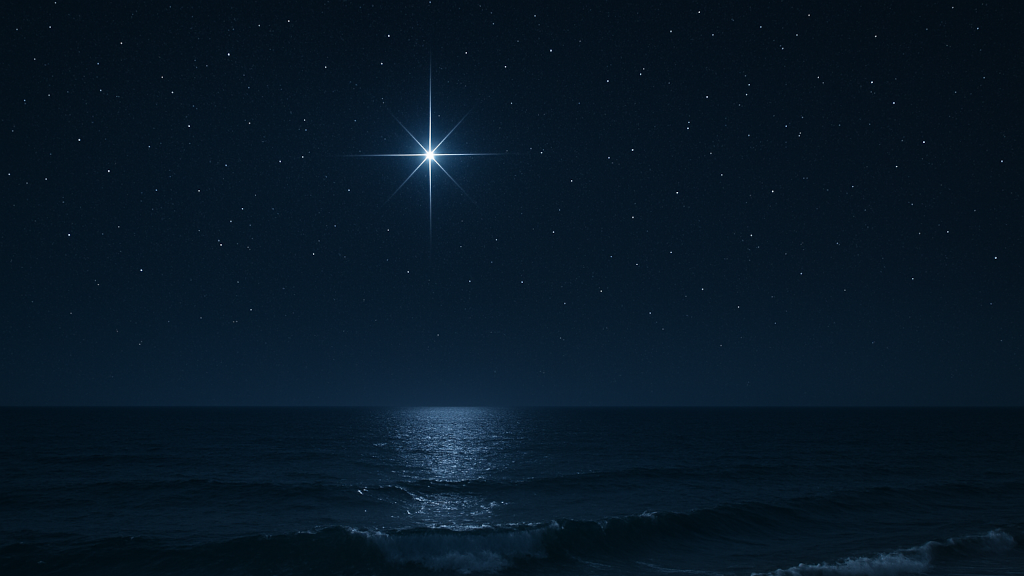 Looking out over a calm sea with the North Star clearly visible in a night sky.
